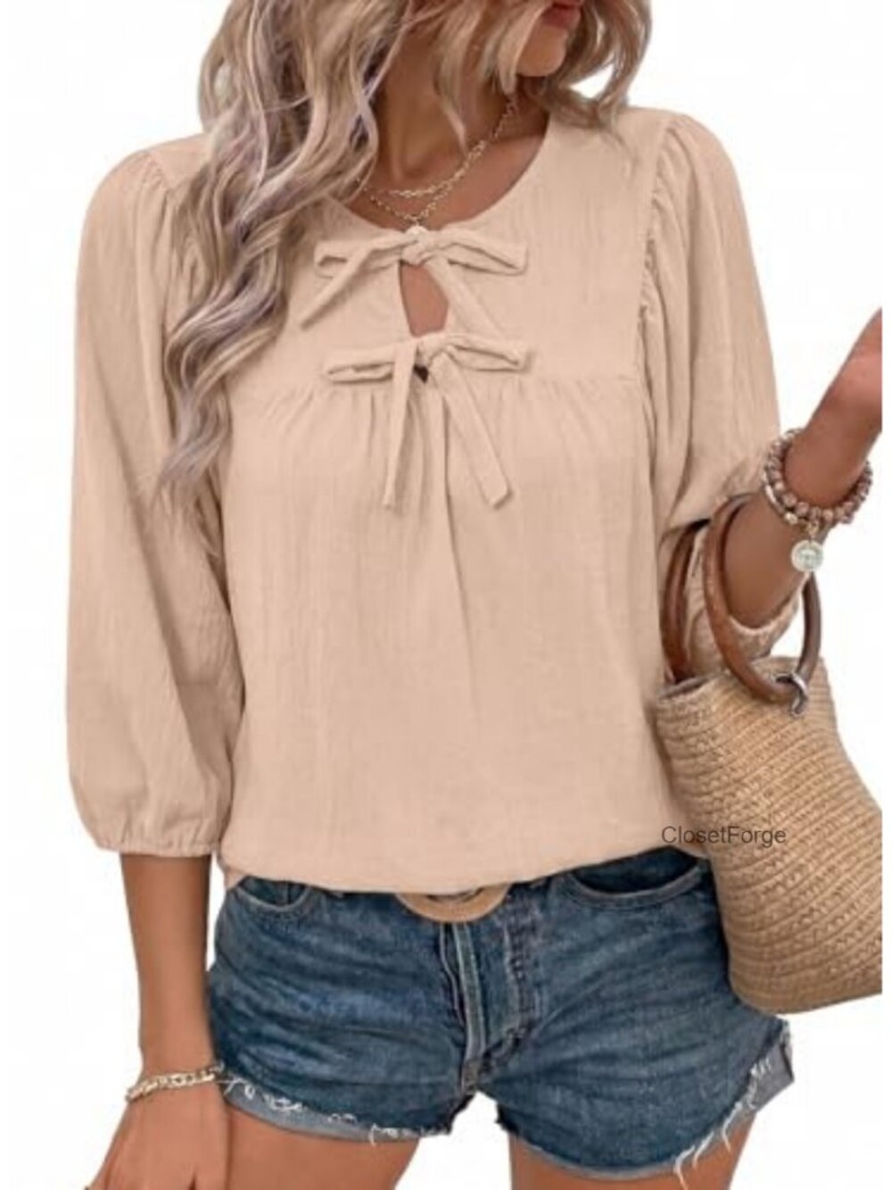 Women's 3/4 Sleeve Babydoll Blouse Bow Tie Loose Top